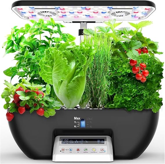 Herb Garden Kit, 17 Pod Hydroponics System, 28W Full Spectrum Growth Lights and 2 Fans, Indoor Garden with Water Pump, 10L Water Tank, Automatic Timer, Height Adjustable White