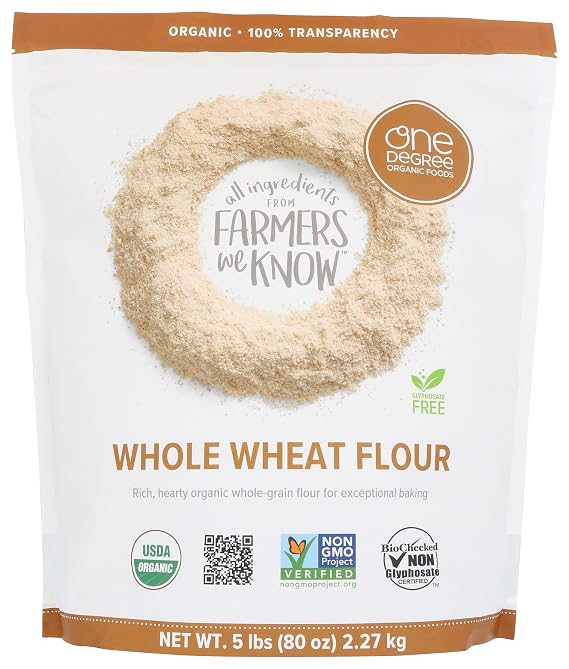 One Degree Organics Organic Whole Wheat Flour, 80oz | Whole Grain Baking Flour, Glyphosate-Free, USDA Organic, Non-GMO, Vegan, Kosher, White Flour Alternative