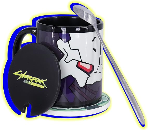 Roffatide Cyberpunk Cup Anime Cyberpunk Edgerunners Mugs Adam Smasher Mug & Rebecca Coasters Black Coffee Cup Set (Black Cup Ceramic Coasters Lid Spoon)