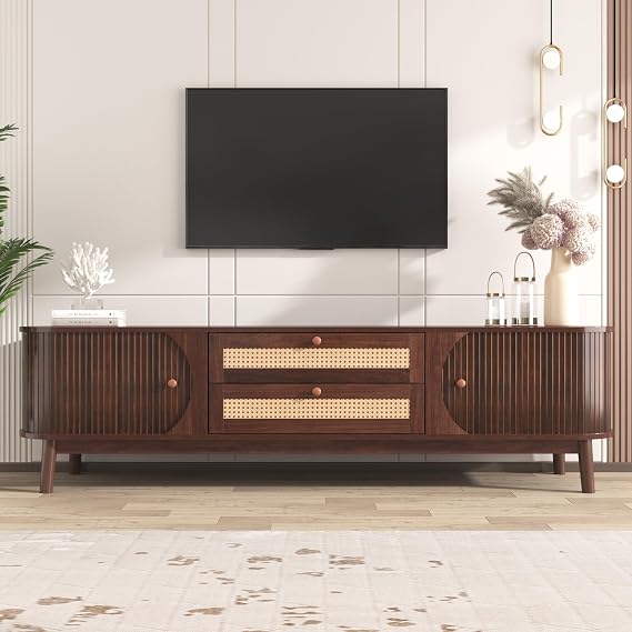 Rattan TV Stand for TVs up to 75", Farmhouse Media Console with 2 Sliding Doors and 2 Drawers, Wood Curved Entertainment Center for Living Room Home Theatre, Dark Brown