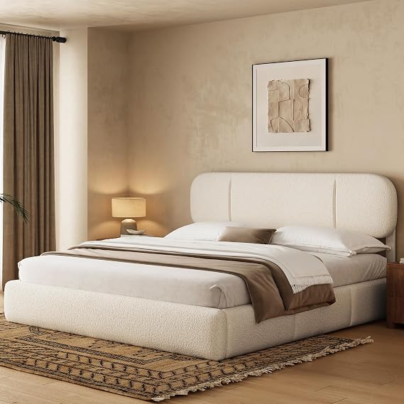 King Size Cloud Bed Frame with LED & 4 Drawers, Beige | Soft Boucle Cloud Bed With Lockable Drawers & LED Headboard, Adjustable Height, Platform Low Bed, Easy Assembly, Noise Free