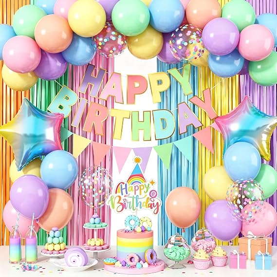 Happy Birthday Banner - 47pcs Pastel Rainbow Birthday Decorations with Balloons & Fringe Curtains - Party Supplies for Girls Women