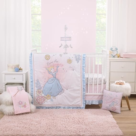 NoJo Disney Sweet Princess Light Blue, Pink, and White Cinderella 3 Piece Nursery Crib Bedding Set - Comforter, 100% Cotton Fitted Crib Sheet and Crib Skirt