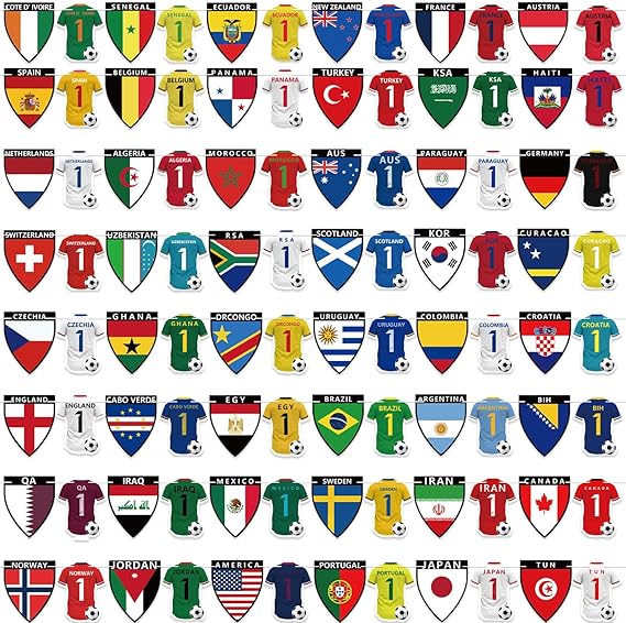96PCS 2026 World Cup Soccer Party Decorations Banner The 48 Qualifying Nations Jersey National Flag World Cup Themed Merchandise for Sports Themed Parties, Events, and Outdoor Soccer Decorations