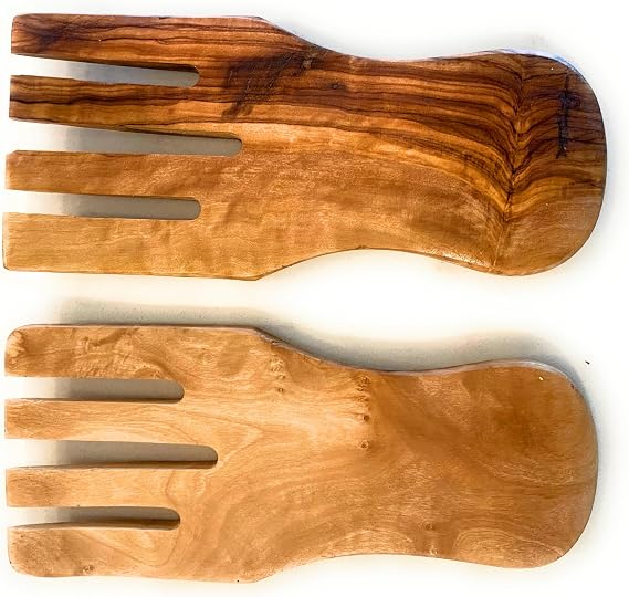 8" Olive Wood Salad Server Hands- Hand Made Utensil Set- Tongs For Serving Salads, Pasta, Fruit, Vegetables (8" Salad Hands)