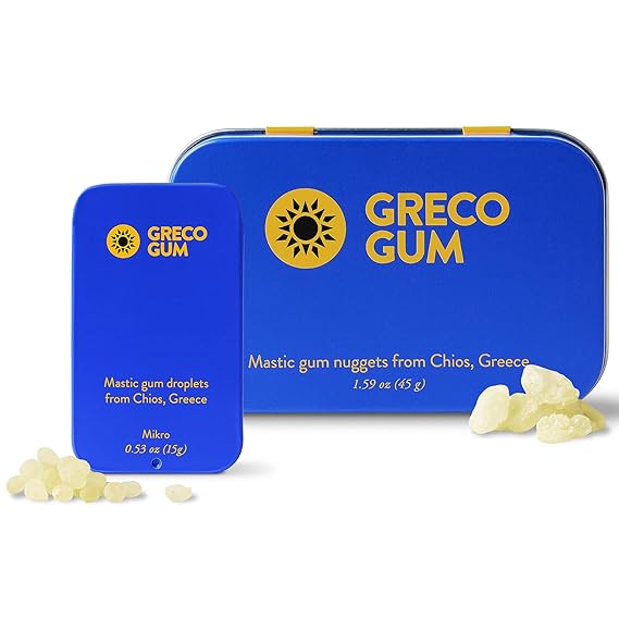 GRECO GUM MASTIC BUNDLE 2 ITEMS: MASTIC GUM NUGGETS (1.59 OZ TIN) and MASTIC GUM DROPLETS TRAVEL TIN (0.53 OZ)