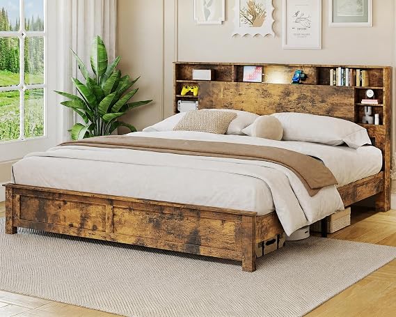 Kiivakii Wooden King Size Bed Frame with Storage Headboard, Farmhouse Wood Platform Bed Frame with Charging Station, LED Lights & Bookcase, No Box Spring Needed, Rustic Brown