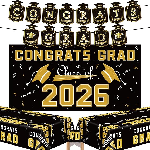 Graduation Decorations 2026 2027 - Black Gold Congrats Grad Banner Backdrop Tablecloth Set - Graduation Decorations Class of 2026 | Graduation Party Favors Supplies