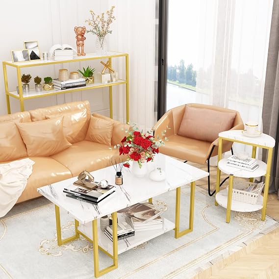 Recaceik Mid-Century Coffee Table Set of 3, Faux Marble Coffee Table and Semicircle End Table Sets with Storage Shelves & Metal Frame, Living Room Table Sets for Bedroom Office, Easy Assembly*