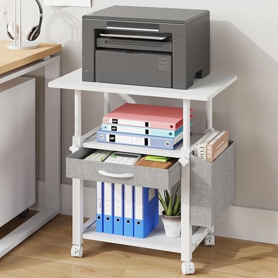 3 Tier Printer Stand on Wheels, Height Adjustable Mobile Table White
