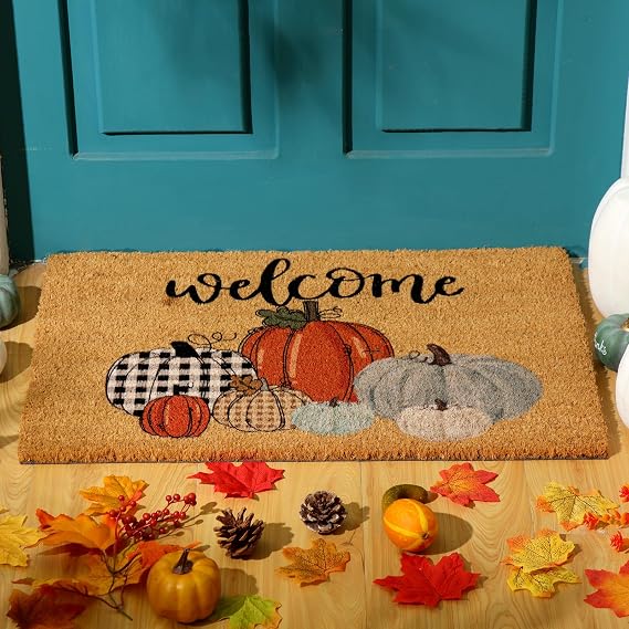 Ceenna Fall Pumpkin Coir Doormat Pumpkin Welcome Doormats Autumn Non Slip Floor Mats Thanksgiving Fall Indoor Entrance Door Mat Porch Front Decor, 16 x 28 Inch