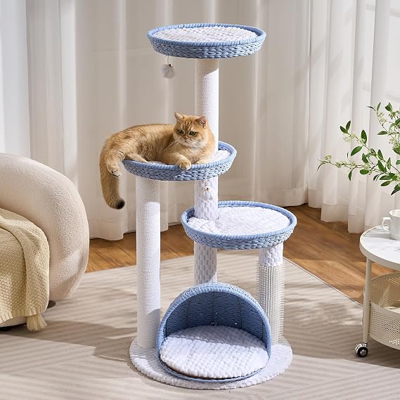 46" Modern Cat Tree for Indoor Cats up to 12 lbs, Wicker Cat Tower with Large Handwoven Cat Beds & Cave, Scratching Posts, Self-Groomer, Aesthetic Furniture for Multi-cat Homes, Blue
