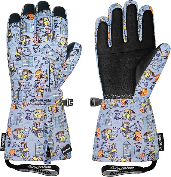 Andake Winter Ski Snow Gloves for Kids 2-14 - Waterproof Thermal Mittens for Boys Girls with Anti-Loss Wrist Strap, Windproof Cold Protection & Cute Printing Design Toddler Snow Gloves