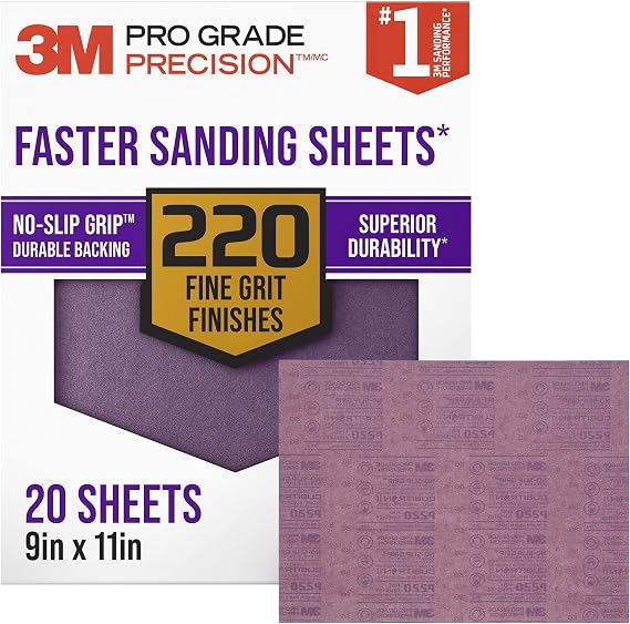 3M Advanced Sandpaper, 20 Sheets, 220 Grit, 3M Pro Grade Precision, Features No-Slip Grip Backing, 9-in x 11-in, For Sanding Wood, Drywall, or Metal, Can be Used on Wet or Dry Surfaces (26220CP-P-G) | with NO-SLIP GRIP Durable Backing helps reduce hand fatigue & tearing when sanding