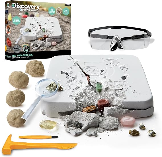 DiscoveryTM Big Treasure Dig STEM Kit 23-Piece Excavation Set for Kids| Dig for 15 Gemstones, 4 Crystal Geodes & Pyrite Nuggets| Real Tools| Educational Geology Toy| Science Activity Gift| Ages 8+