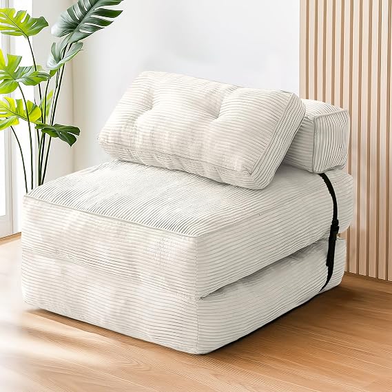 Folding Sofa Bed, Convertible Sleeper Chair with Pillow Foldable Mattress with Back Support,Space-Saving Sofa for Living Room,Bedroom (White)