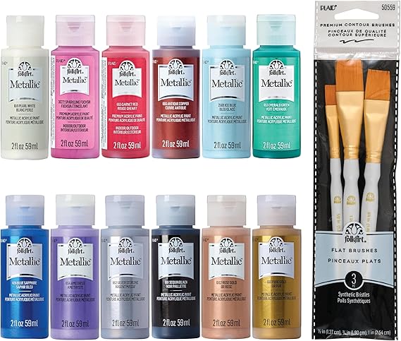 FolkArt Jewel Tone Acrylic Craft Paint Kit, 15 Piece Set Including 12 Metallic Colors and 3 Premium Paintbrushes, PROMOFAMET15
