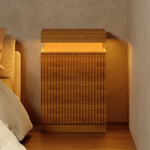 Fluted Nightstand with Charging Station and LED Light, Bedside Table with Sliding Top, USB Ports and AC Outlets, 3 Drawer Storage Cabinet, Modern End Table for Bedroom, Walnut