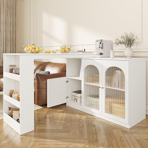 360° Swivelling Bar Table with 3 Open Storage Space, White | Modern Dining Table with Glass Door, Multifunctional Kitchen Bar with Closed Cupboard Door for Dining Room/Living Room