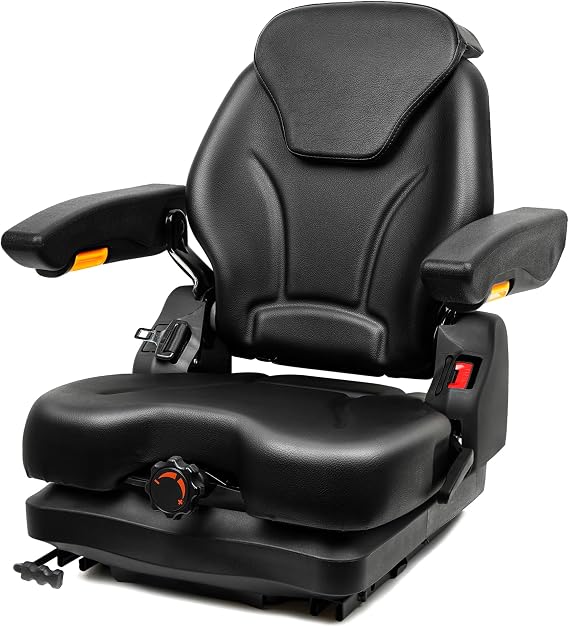Tractor Suspension Seat, Fold Down Forklift seat with Adjustable Angle Back, Micro Switch, Seatbelt and Armrests, Highback Low Suspension Heavy Duty for Tractor Mower Excavator Harvester