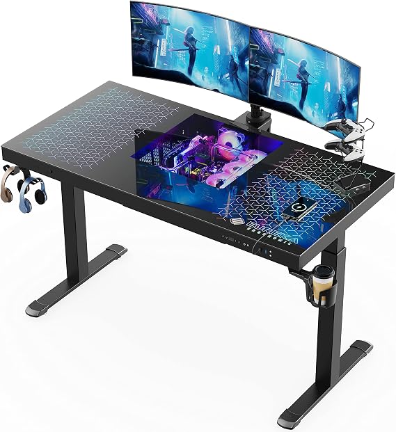 EUREKA ERGONOMIC RGB Gaming Desk PC Case Built in, 55" Glass Electric Standing Desk W Charging USB Port, Height Adjustable Sit Stand Up Desk Dual-Motor, GTG-EVO Computer Tower All-in-one Table, Black
