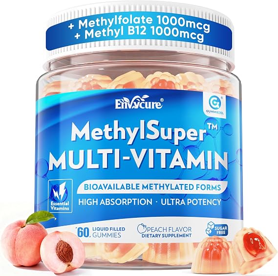 Methylated Multivitamin Gummies: Methylfolate 1000mcg, Methyl B12 1000mcg, B6 25mg, B2 100mg, TMG 300mg & Choline, Ultra Potency MTHFR Support B-Complex Vitamin for Mood Focus Energy, Sugar Free 60cts
