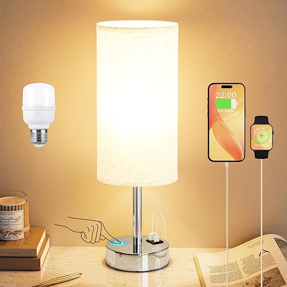 Touch Table Lamps for Bedroom Nightstand - Bedside Lamps with USB-C USB-A Charging Ports White, 3 Way Dimmable Control Small Lamp Fabric Shade Silver Base for Bedroom, Office, Living Room, Reading..