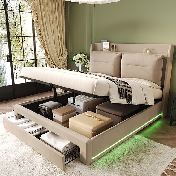 Merax Fashion Upholstered Double Bed Frame, 4FT6 Ottoman Bed Double with 2-in-1 Storage Drawers, Hydraulic Double Bed with Recessed LED Light Strips, Slatted Frame, Velvet, Beige, 135x190cm