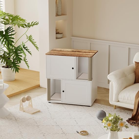 Double Litter Box Enclosure for 2 Cats with Scratching Post, Hidden Litter Box Furniture with Space-Saving Double Layer Design, Built-in Scratching Posts, Litter Collection Pads