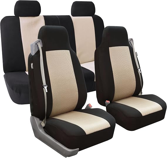 TLH All-Purpose Built-in Seatbelt Classic Cloth Seat Covers Full, Airbag Compatible, Beige Color w/Steering Wheel Cover Seat Belt Pads Combo