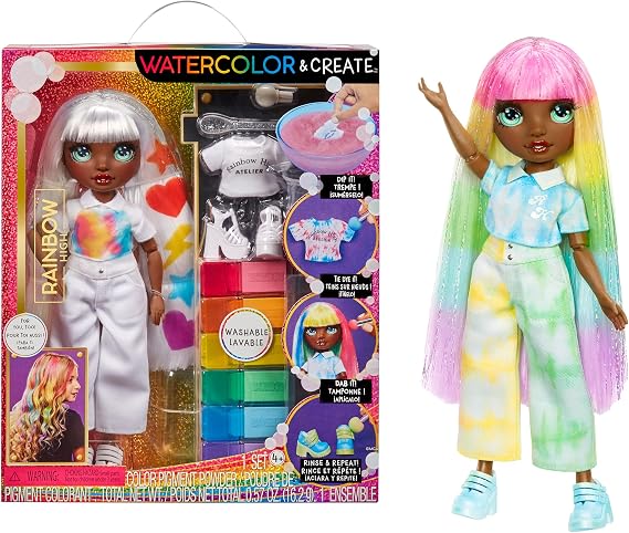 Rainbow High Watercolour &amp; Create DIY Fashion Doll with Washable Watercolours and Tie-Dye Kit - Green Eyes, Straight Hair, Extra Top &amp; Shoes - Colour, Create, Play, Rinse and Repeat - Kids 4-12+ Years