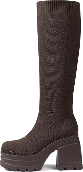 CELNEPHO Women Knee High Boots Knit Sock Chunky Heel Platform Tall Boots | 1.57 reinforced platform, 4 chunky block heel, stretch knit fabric upper, seamless sock wide calf fit, slip on closure