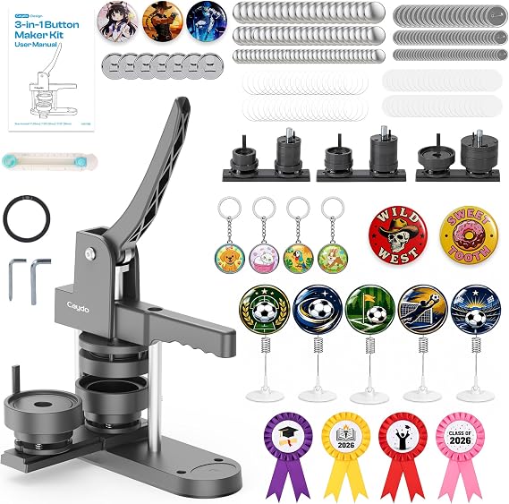 Caydo Button Maker Machine Multiple Sizes, 1+1.25+2.25 Inch Pin Maker Machine Kit, 3 in 1 Button Press Machine Making Kit with Maker Supplies for Fridge Magnet Keychain Bottle Opener DIY Crafts