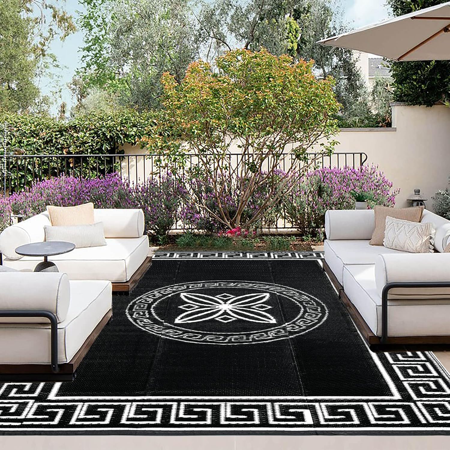 OutdoorLines Outdoor Reversible Rugs for Patio 6x9 ft - Plastic Area Rug, Stain & UV Resistant Portable RV Carpet, Plastic Straw Mats for Porch, Pool Deck and Camping QuatrefoilBlack & White