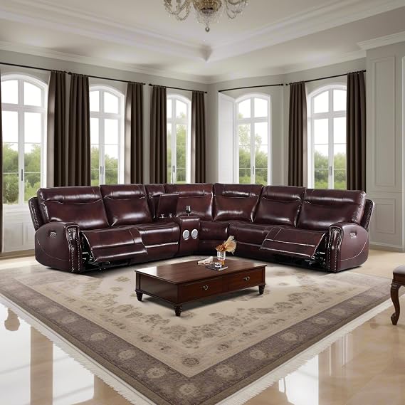 Red Power Recliner Sectional Sofa Set, Genuine Leather Reclining Sofa Sets for Living Room, 4 Seater Sectional Couch Sets with Console, Cup Holder, USB Ports