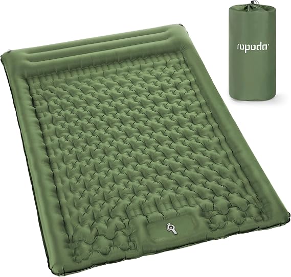 ROPODA Double Inflatable Camping Mattress, Ultralight 2 Person Sleeping Pad with Pillow, Built-in Foot Pump, Waterproof Camping Bed Double with Carry Bag for Hiking, Backpacking, Traveling(Green)