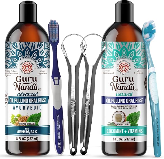 GuruNanda Advanced Oil Pulling & Coconut Oil Pulling Bundle with Toothbrush, Tongue Scraper - for Happy Teeth & Gums & Bad Breath
