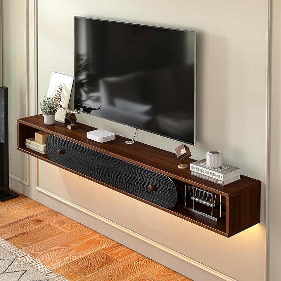 140cm Walnut & Black Floating TV Stand, 1 Door & 2 Open Cabinets | Plywood construction, with cable management, easy to assemble, includes toggle bolts for drywall, for living room, bedroom
