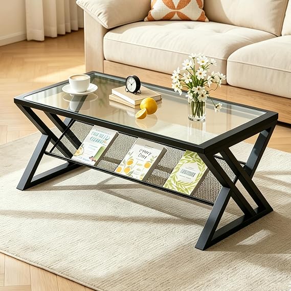 Wolawu Glass Coffee Table Living Room Table with Storage Shelf, Black Glass Table Simple Modern Rectangular Tables with Sturdy Black Metal Frame,Industrial Glass Coffee Table for Bedroom Home Office