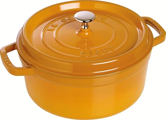 Staub 1102285 Cocotte/frying pot, 22cm, 2.6l with round lid, matte black enamel inside pot, cast iron, mustard yellow, 26cm