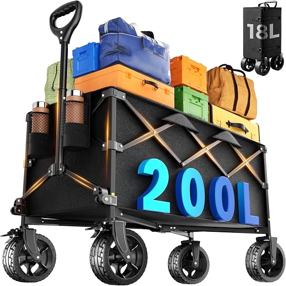 Heavy Duty Collapsible Wagon Cart, 200L Large Capacity Folding Beach Wagon with Big All-Terrain Wheels, Brake & Adjustable Handle, 500 lbs Utility Cart for Camping, Sports-Heavy Black