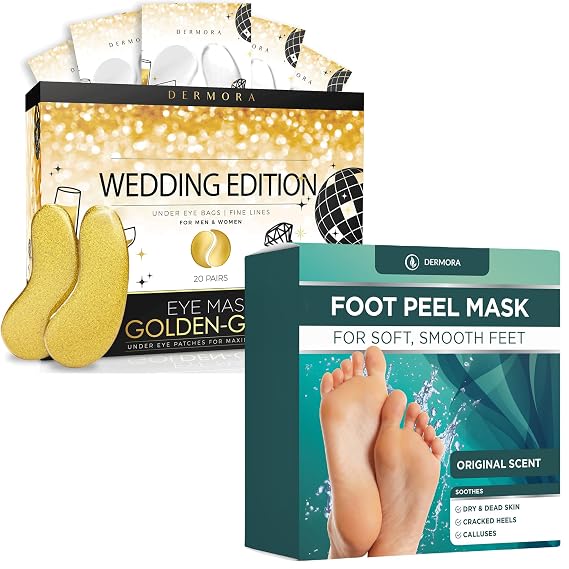 DERMORA Golden Glow Under Eye Patches 20 Pairs and Original Foot Peel Masks 2 Pack