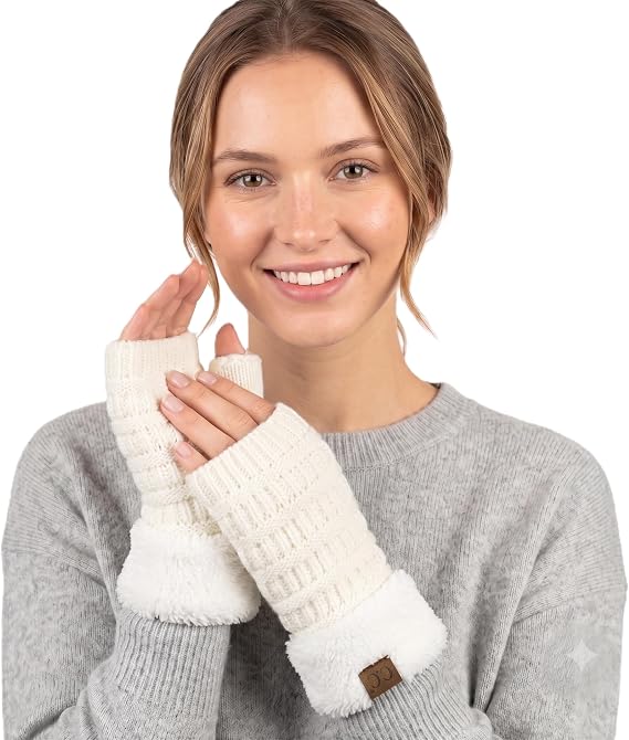 C.C Women's Warm Knit Fingerless Gloves, Fleece Lined Half Finger Winter Mittens, Functional Wrist Length Daily Outdoor Wear