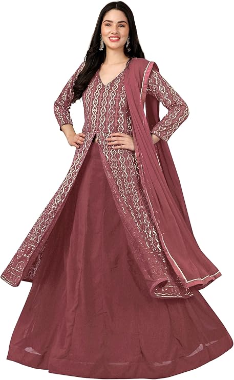 TRENDMALLS Women's Georgette Anarkali Front Slit Indian Pakistani Kurta Lehenga Suit Set