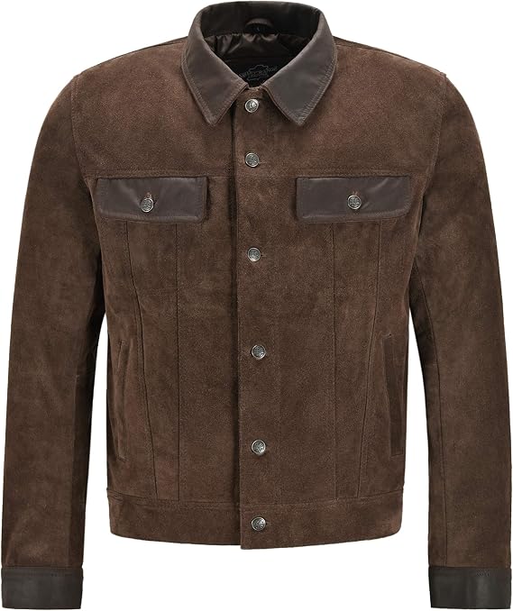Men Trucker Leather Jacket Brown Suede Skipper Collar Western Shirt Jacket 1280