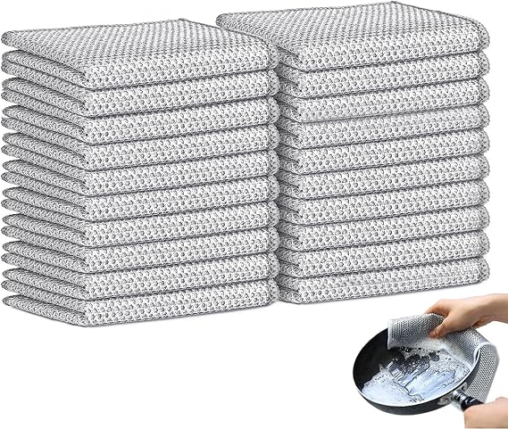 20 Pcs Double-Layer Silver Mesh Dishcloths, Non-Scratch Wire Dishwashing Cloth, Wet and Dry, Reusable Metal Cleaning Cloth for Kitchen Dishes Pots Sinks Stoves (20x20cm)