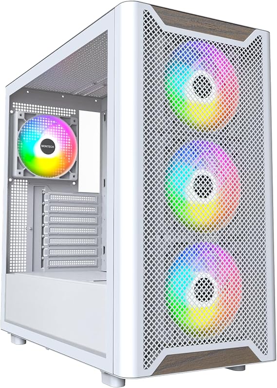 MONTECH XRWood ATX PC Case, Genuine Walnut, 4 ARGB PWM Fans, White | 420mm GPU Support, 360mm Radiator Support, High Airflow Mesh, Tempered Glass, USB-C, GPU Holder