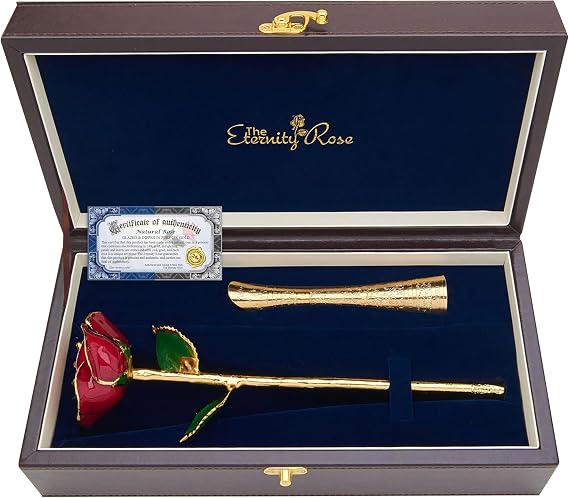 The Eternity Rose Red Glazed Rose, 24K Gold-Trimmed with Vase, Romantic Gifts for Her, Real Preserved Flower, 11"