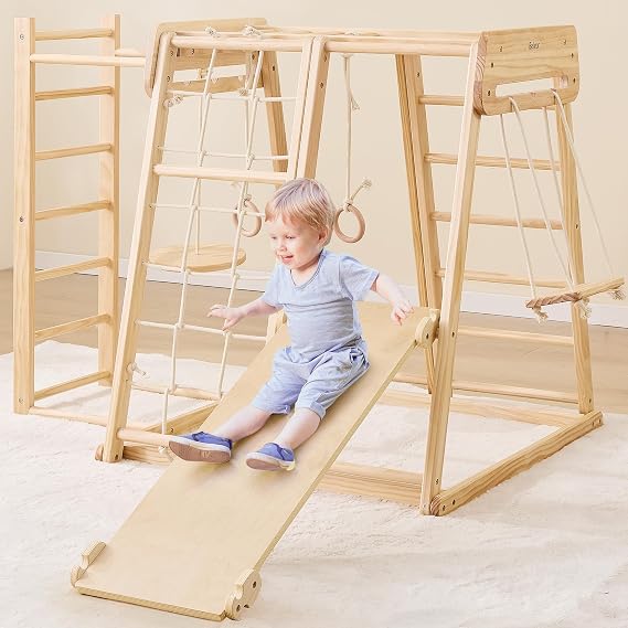 Belleur 8 in 1 Indoor Playground for Kids 1-6, Wooden Indoor Jungle Gym with Slide & Swing, Toddler Climbing Toy with Climbing Net & Monkey Bars