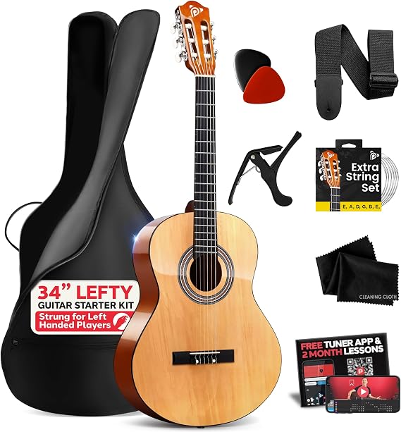 Pyle Left Handed Beginner Acoustic Guitar Kit, 1/2 Junior Size All Wood Build Nylon String Instrument with Capo, Strap, Extra String Set, Gig Bag, Guitars for Beginners Adults Youth, 34" Natural Gloss
